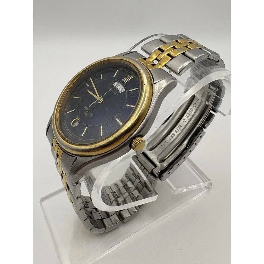 Vintage Seiko Sports 50 Day Date Blue Dial Watch 7N43-9A00 Two Tone RUNNING